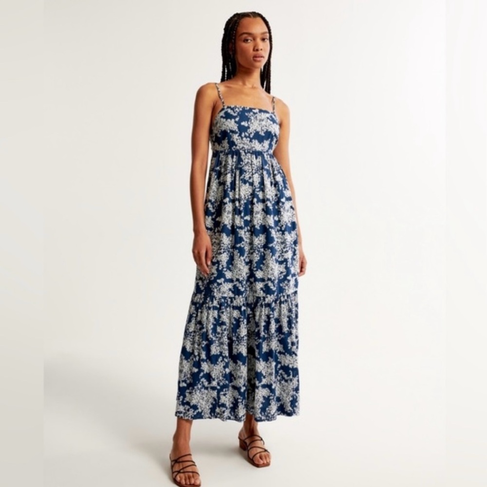 Abercrombie & Fitch | Low Back Tiered Maxi Dress, Navy & White Floral - NWOT